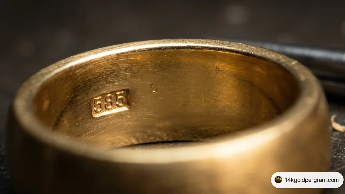 Close-up macro photograph of a 585 hallmark stamped on the inside of a gold ring band