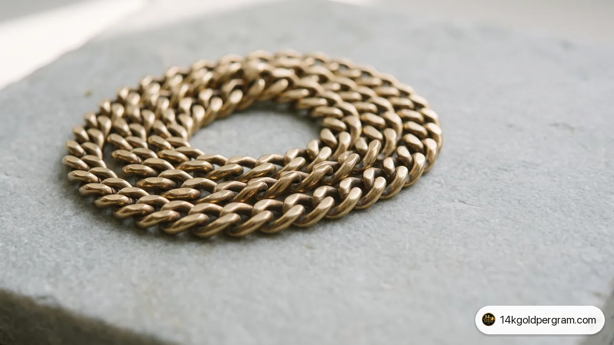 A 10k gold chain photographed on pale stone, showing a darkened patina on the links where they rub