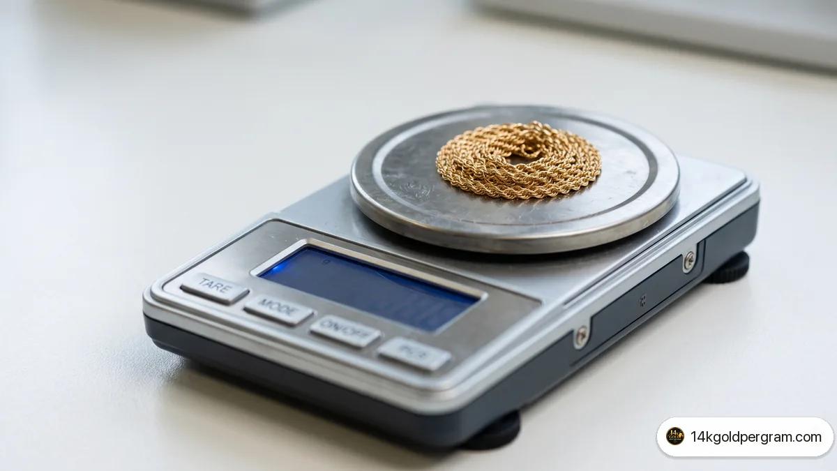 A digital jeweller's scale displaying a gold chain weight in grams to two decimal places