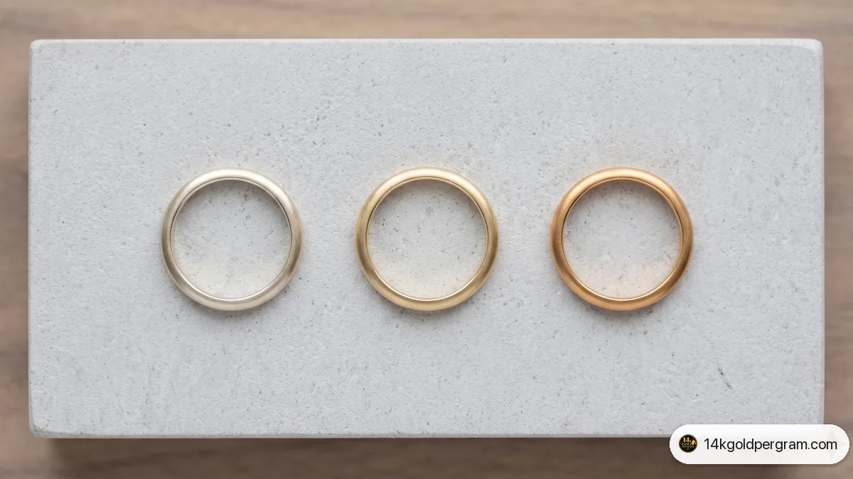 Three gold rings of different karat side by side showing the colour difference between 10k, 14k and 18k