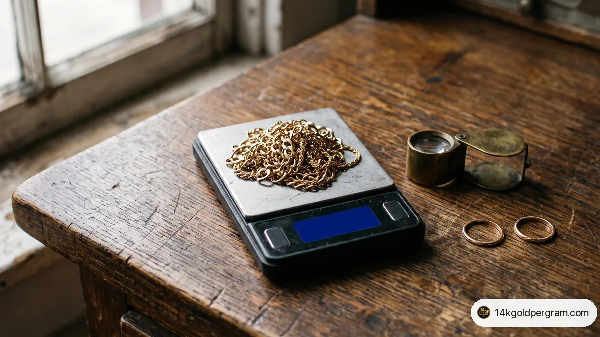 A jeweller's loupe and a digital scale on a pawn shop counter beside a small pile of 14k gold chain